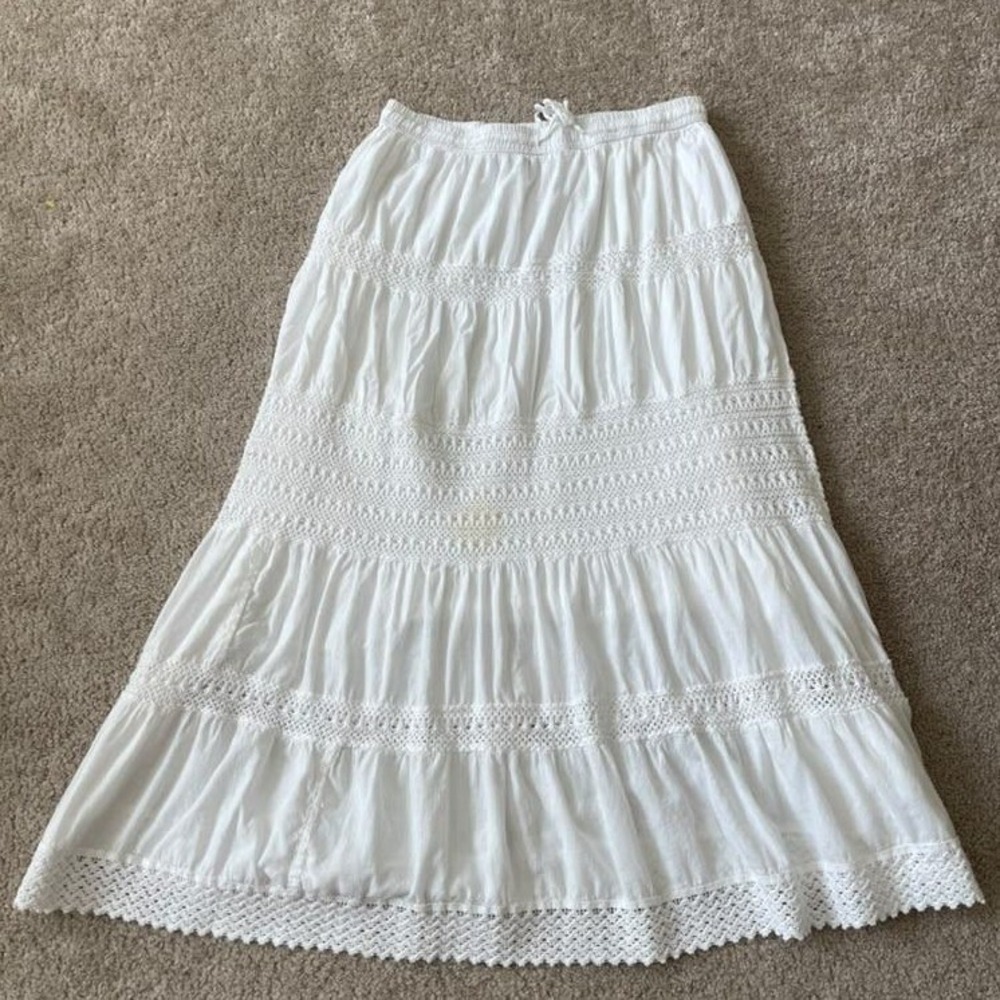 Nation AK Outfits White Cotton Crochet Lace Tiered Maxi Skirt Large Boho Summer